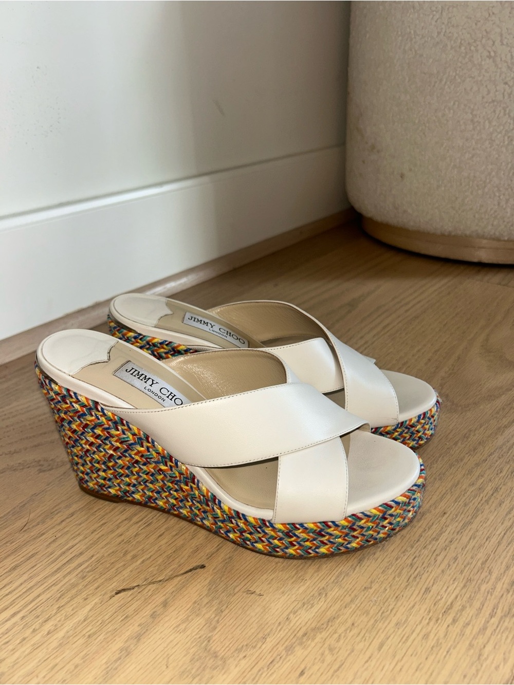 Jimmy Choo White Leather Cross-Strap Wedge Sandals